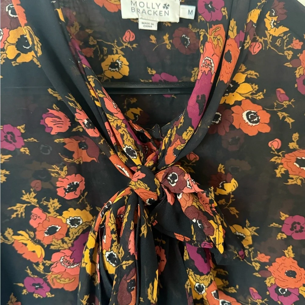 Molly Bracken M Black Floral Tie Neck Blouse Chiffon Long Sleeve Top - Picture 5 of 7